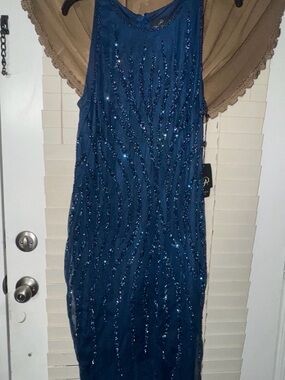 Adrianna Papell Beaded Navy-Teal Evening Gown